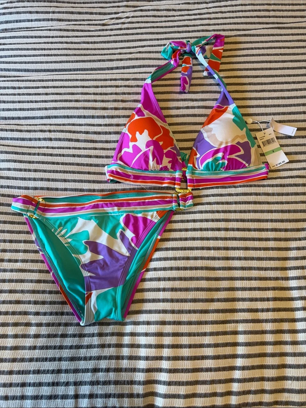 New - Trina Turk Multicolor Floral Halter Bikini Set — Pink, Teal & Purple sz 8